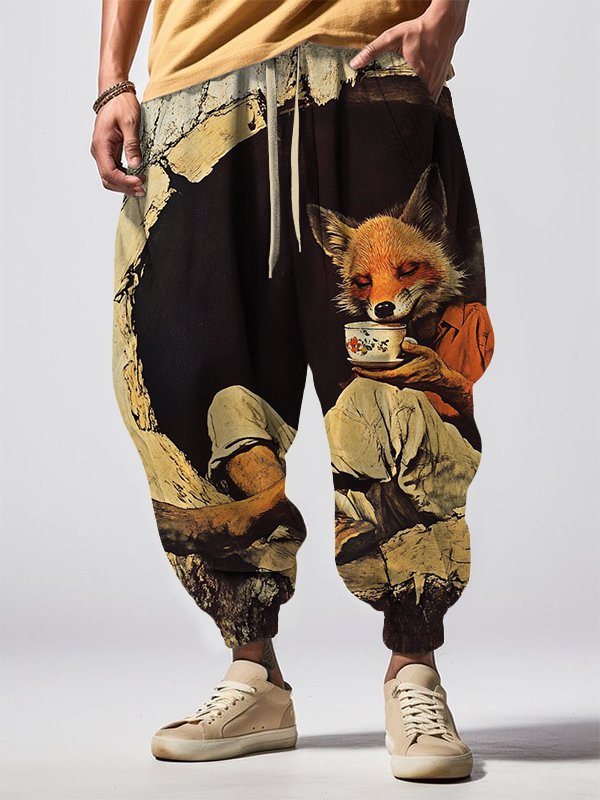 Men's Fox Drinking Tea In The Forest Print Loose Drawstring Waist Sweatpants