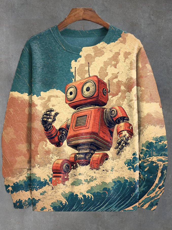 Men's Retro Robot In Rough Sea Waves Japanese Art Print Casual Sweatshirt