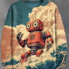 Men's Retro Robot In Rough Sea Waves Japanese Art Print Casual Sweatshirt
