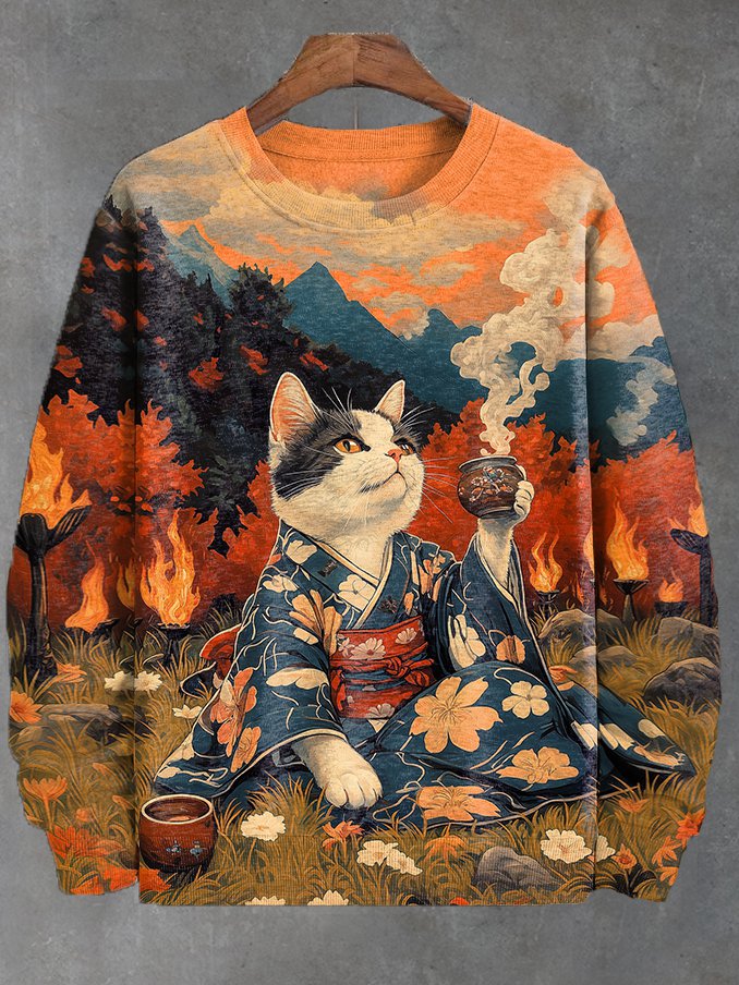 Men's Ukiyo-e Bonfire Cat Drinking Tea Art Print Casual Sweatshirt