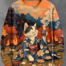 Men's Ukiyo-e Bonfire Cat Drinking Tea Art Print Casual Sweatshirt