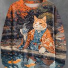 Men's Ukiyo-e Zen Garden Cat Drinking Tea Art Print Casual Sweatshirt