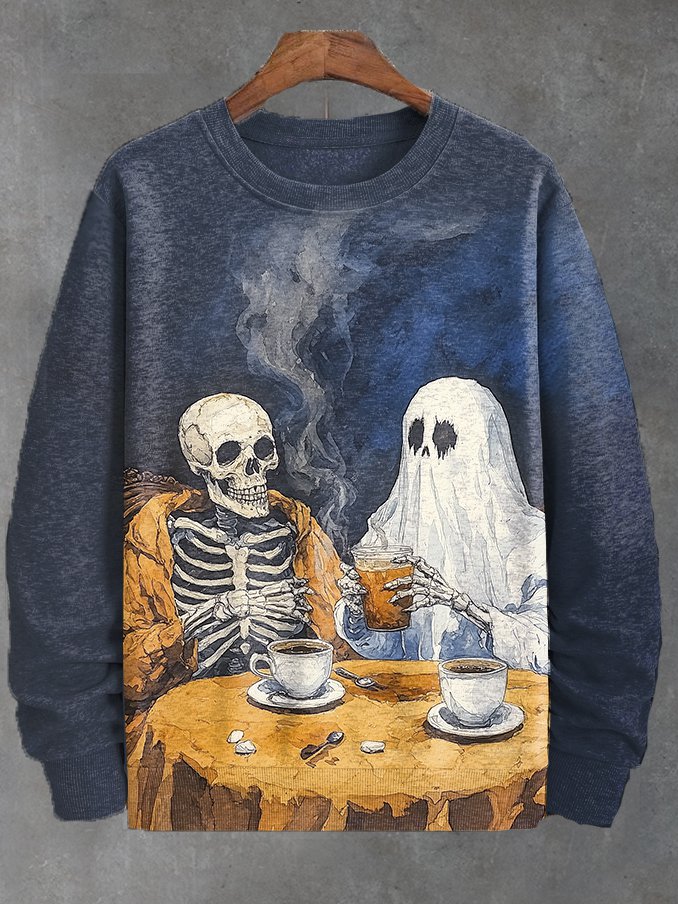 Men's Skull And Ghost Coffee Breakfast Oil Painting Print Casual Sweatshirt