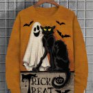 Men's Trick or Treat Ghost Black Cat Bats Halloween Print Casual Sweatshirt