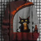 Men's Creepy Cat Drinking Beer Oil Painting Print Casual Sweatshirt