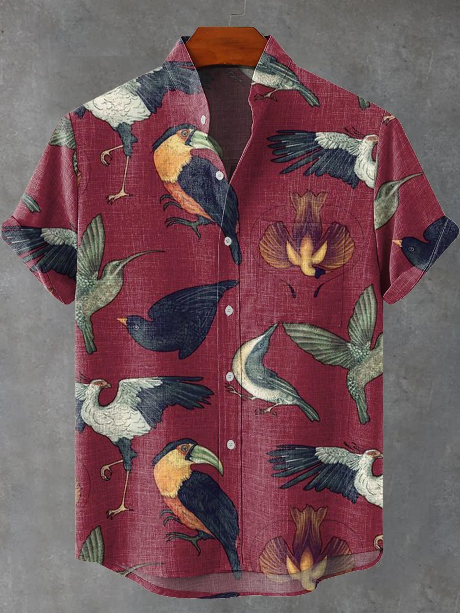 Men's Red Fun Bird Vintage Print Casual Linen Blend Shirt