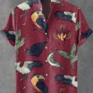 Men's Red Fun Bird Vintage Print Casual Linen Blend Shirt