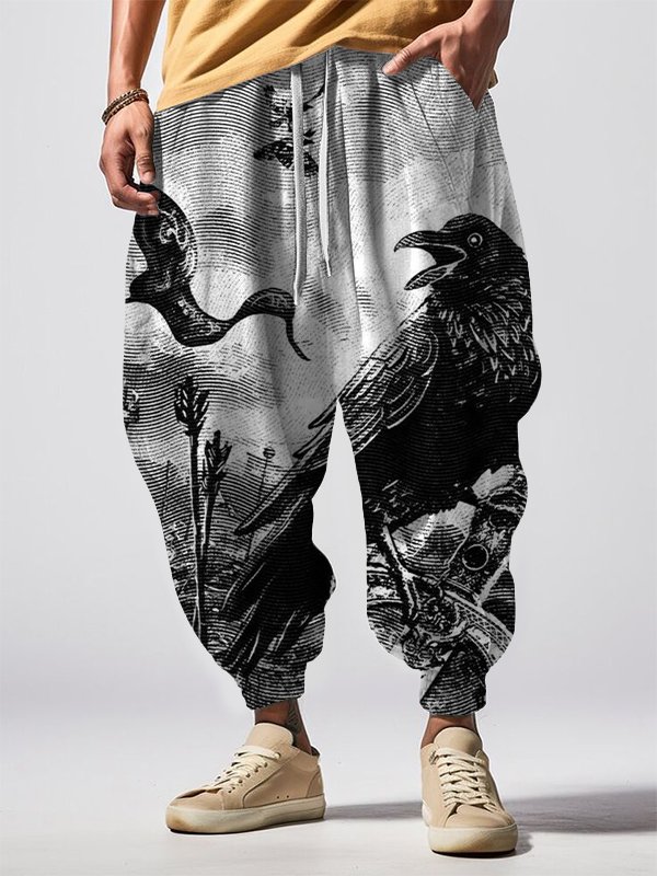 Men's Viking Crow Symbolizing Death Art Print Loose Drawstring Waist Sweatpants