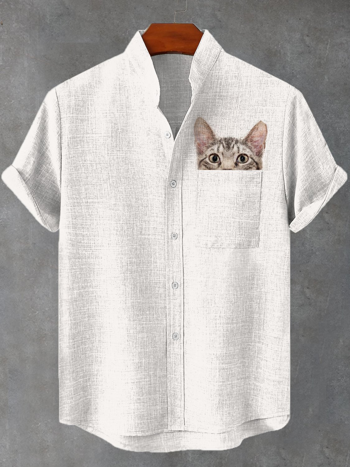 Men's Fun Cat Peeking Art Print Pocket Linen Blend Shirt