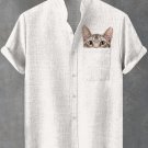 Men's Fun Cat Peeking Art Print Pocket Linen Blend Shirt
