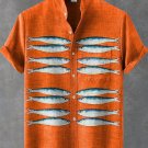Men's Vintage Fish Art Print Linen Blend Shirt