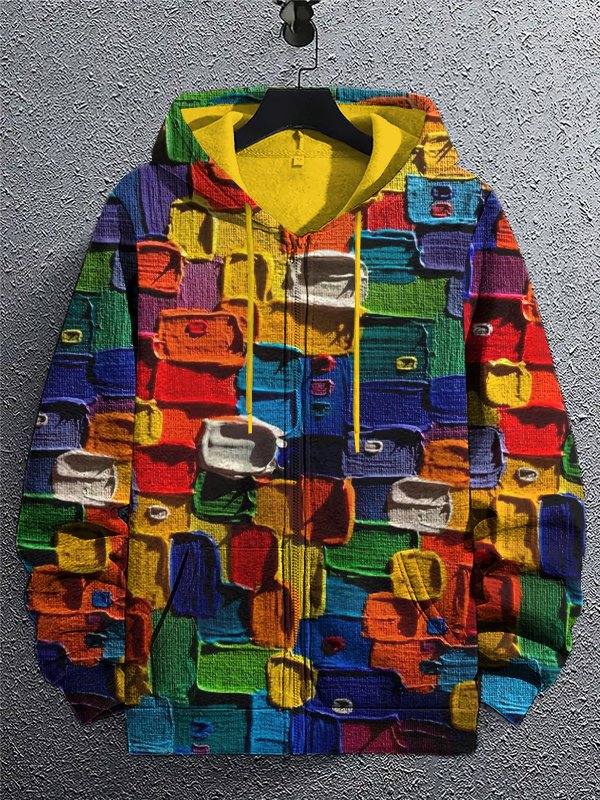 Men's Paint Stacking Splicing Art Print Hooded Zip Up Jacket
