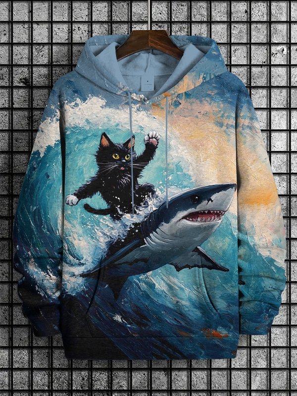 Men's Brave Cat On Shark Oil Painting Art Print Casual Hoodie