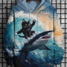 Men's Brave Cat On Shark Oil Painting Art Print Casual Hoodie