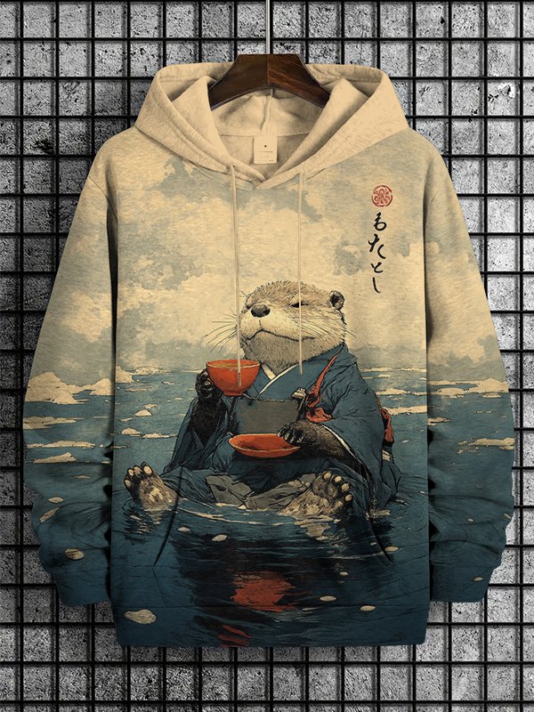 Men's River Kimono Otter Tasting Tea Japanese Art Print Casual Hoodie