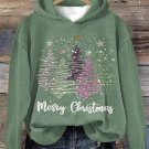 Women's Merry Christmas Sparkle Tree Print Hooded Sweatshirt
