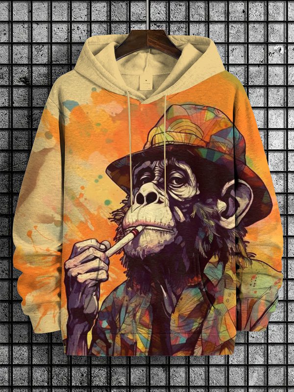 Men's Smoking Monkey Funny Art Print Casual Hoodie