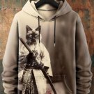 Men's Japanese Samurai Cat Art Print Casual Hoodie