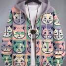 Men's Funny And Cute Cat Color Contrast Art Print Hooded Zip Up Jacket