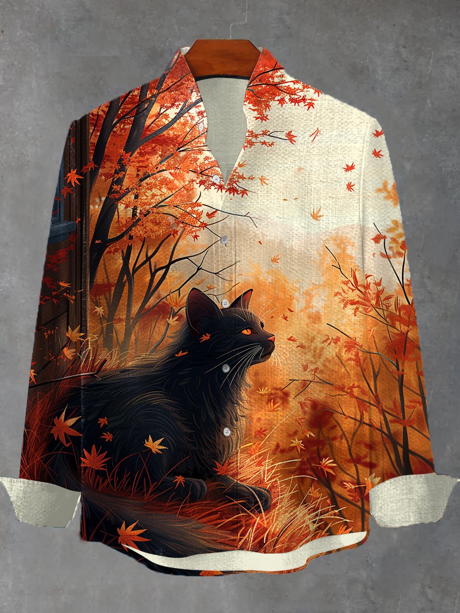 Men's Fall Black Cat Fluid Art Print Long Sleeve Shirt