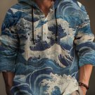 Men's Japanese Sea Wave Art Print Hooded Shirt
