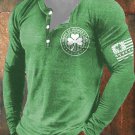 Men's Happy St Patrick's Day Clover Print Long Sleeve Henley Shirt