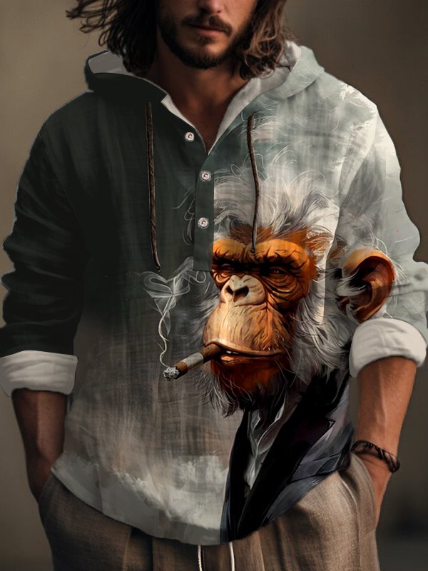 Men's Retro Monkey Smoking Print Hooded Shirt