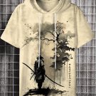 Men's Vintage Japanese Samurai Ink Painting Print Hooded T-shirt
