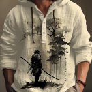 Men's Retro Japanese Samurai Ink Painting Print Hooded Shirt