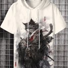 Men's Japanese Cat Kimono Samurai Ink Painting Print Hooded T-Shirt