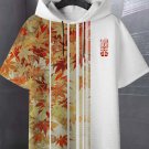 Men's Japanese Art Maple Leaf Patchwork Striped Print Hooded T-Shirt