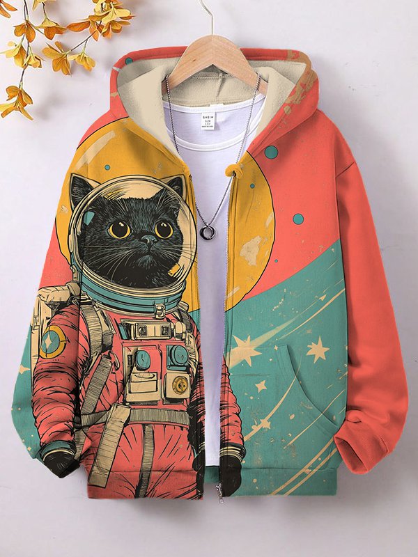 Women's Black Cat Astronaut Color Block Art Print Hooded Zip Up Jacket