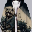 Men's Raccoon Rough Sea Waves Japanese Art Printed Casual Zip Up Hooded Jacket