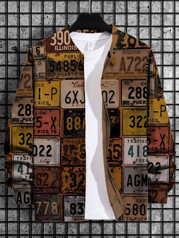 Men's Vintage Licence Plate Print Casual Zip Up Jacket