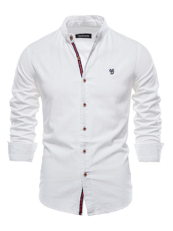 Men's Pattern Embroidery Stand Collar Long Sleeve Button Shirt