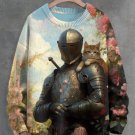 Men's Vintage Medieval Knight And Cat Print Knit Sweatshirt