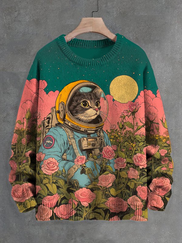 Men's Cat Astronaut In Outer Planet Rose Field Print Knit Sweatshirt