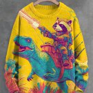 Men's Brave Dinosaur And Raccoon Fun Print Knit Sweatshirt
