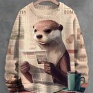 Men's Otter Drinking Coffee And Reading Newspapers In The Morning Print Knit Sweatshirt