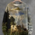 Men's UFO Takes Cow Away Futuristic Sci-Fi Art Print Knit Sweatshirt