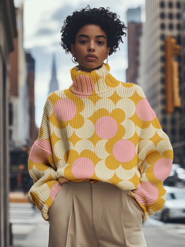 Women's Contrast Color Circle Print High Neck Knit Sweatshirt