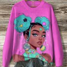 Women's Tween Cute Girl Print Knit Sweatshirt