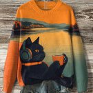 Women's Black Cat Music Cafe Autumn Nature Art Knit Sweatshirt