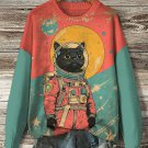 Women's Black Cat Astronaut Color Block Art Print Knit Sweatshirt