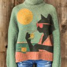 Women's Leisure Cat Cocktail Vacation Art Print High Neck Knit Sweatshirt