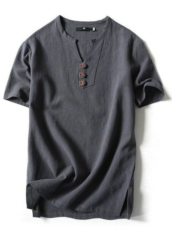 Men's Solid Color Side Slit Loose Short Sleeve Button Shirt