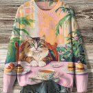 Women's Cat Afternoon Tea Time Botanical Oil Painting Print Knit Sweatshirt