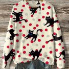 Women's Polka Dot Black Cat Art Print Knit Sweatshirt
