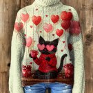 Women's Black Cat Drinking Coffee Heart Balloon Valentine's Day Print High Neck Knit Sweatshirt