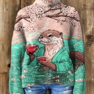 Women's Otters Drinking Tea Under The Cherry Tree Print High Neck Knit Sweatshirt